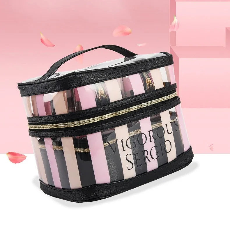 Pink and white striped floral print synthetic leather folding makeup bag.
