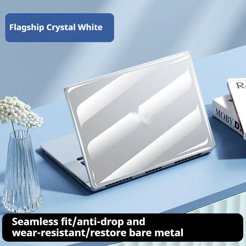 Transparent MacBook protective case shown on compatible laptop in ice crystal clear and black tinted options