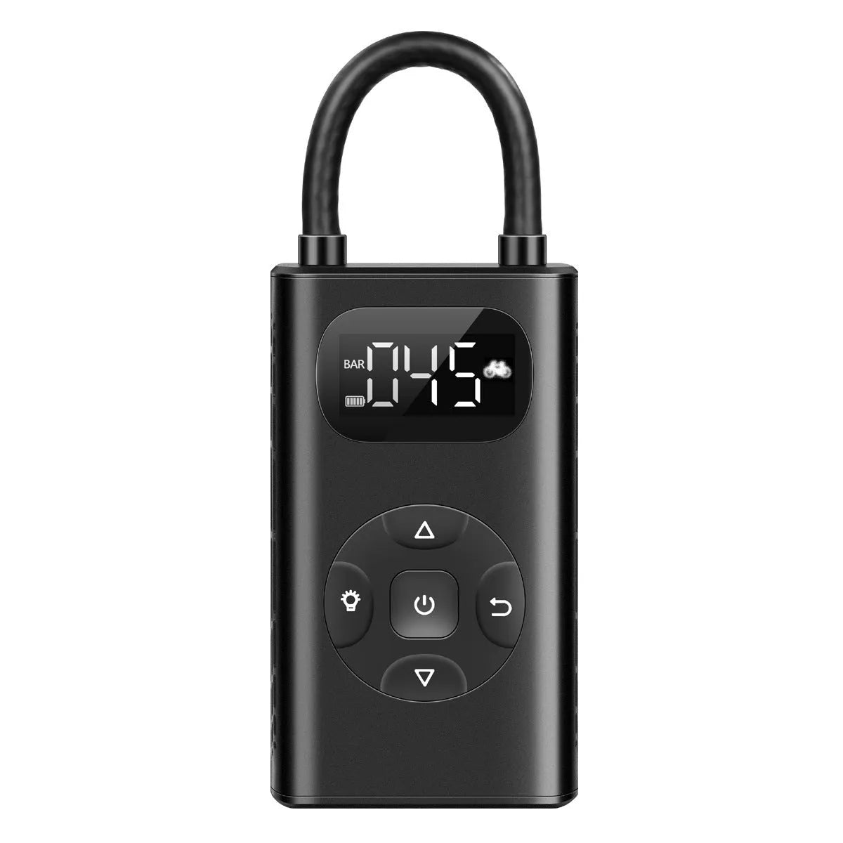Black M09X portable tyre inflator power bank with USB cable and 16cm hose on grey background