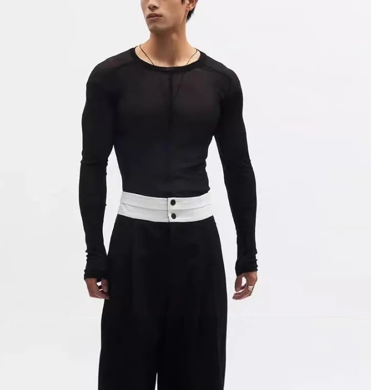 Black slim-fit women's pullover with mesh see-through texture and long sleeves.