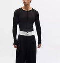 Black slim-fit women's pullover with mesh see-through texture and long sleeves.