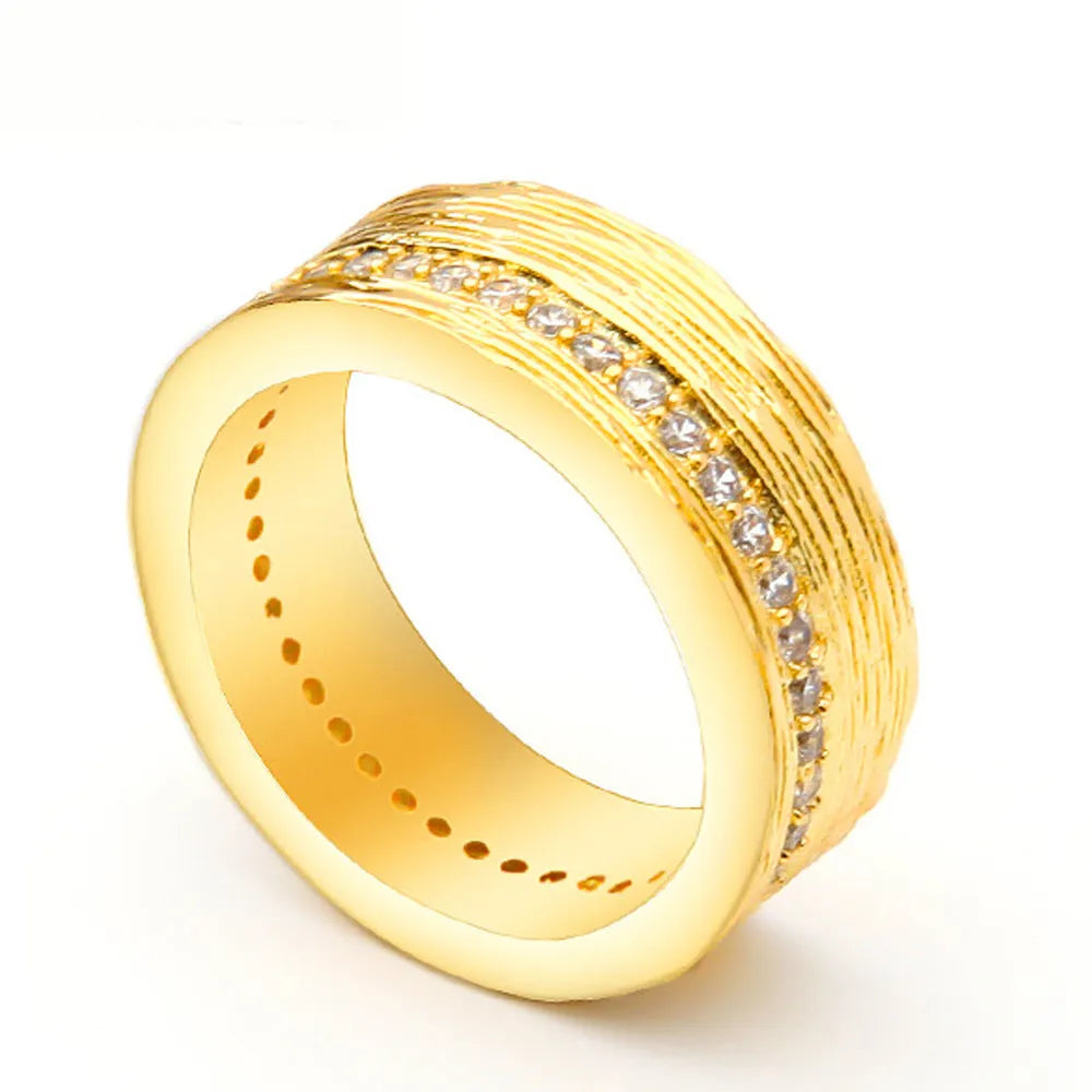 Gold geometric women's ring with zircon accents on copper base in sizes 6, 7, and 8