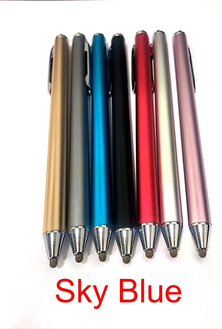 A metal-bodied stylus with a fine point, shown in multiple colour options.