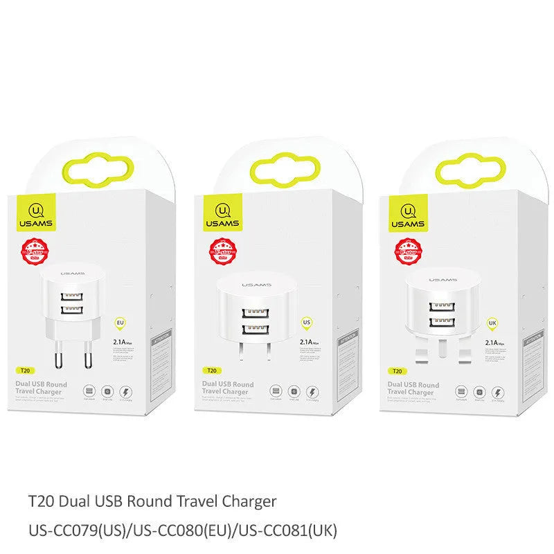 White universal USB phone charger with foldable US, UK, and EU plugs showing compact design