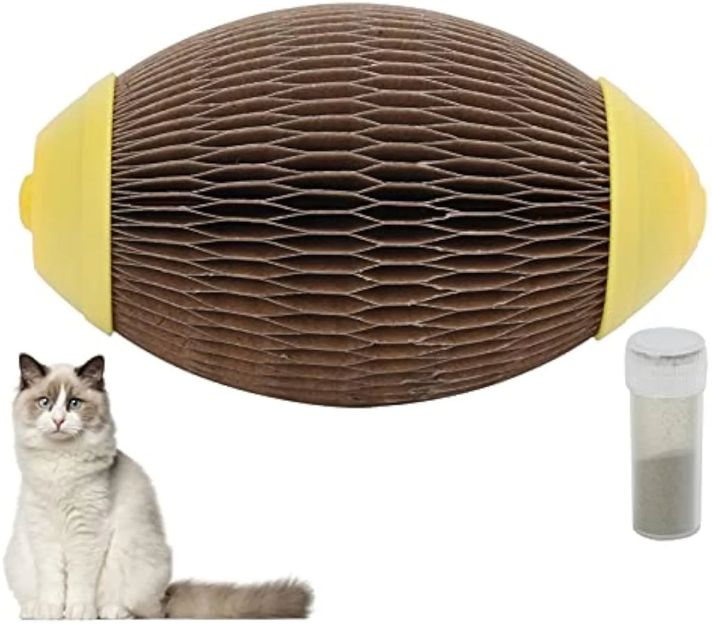 Elliptical corrugated paper catnip ball toy for scratching and kicking play