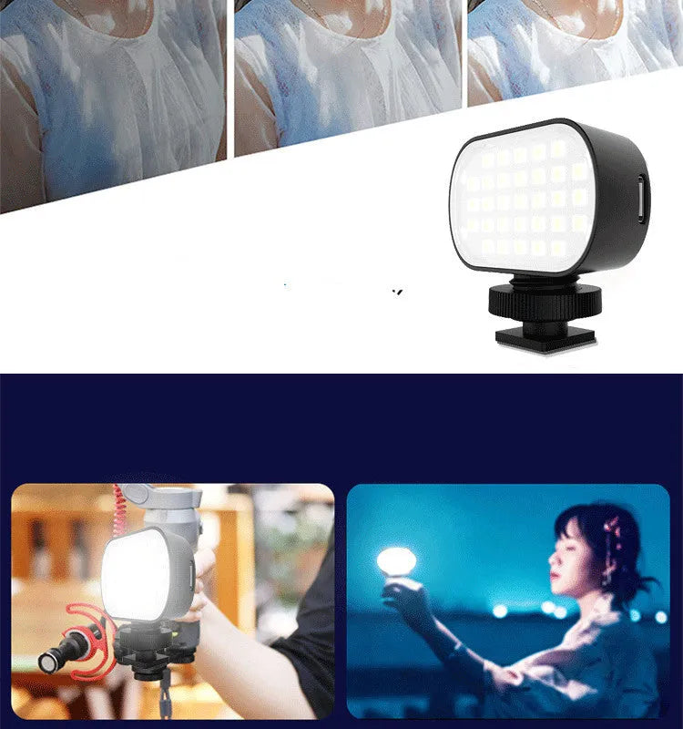 ST-30 black mobile phone fill light with digital display and cold shoe mount on a stand