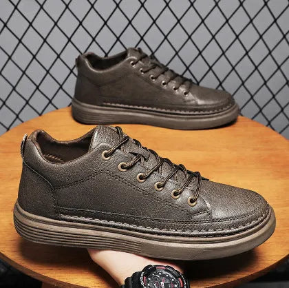 Korean style outdoor sports board shoes for men in solid colour low top flat heel black brown grey sizes 39-44