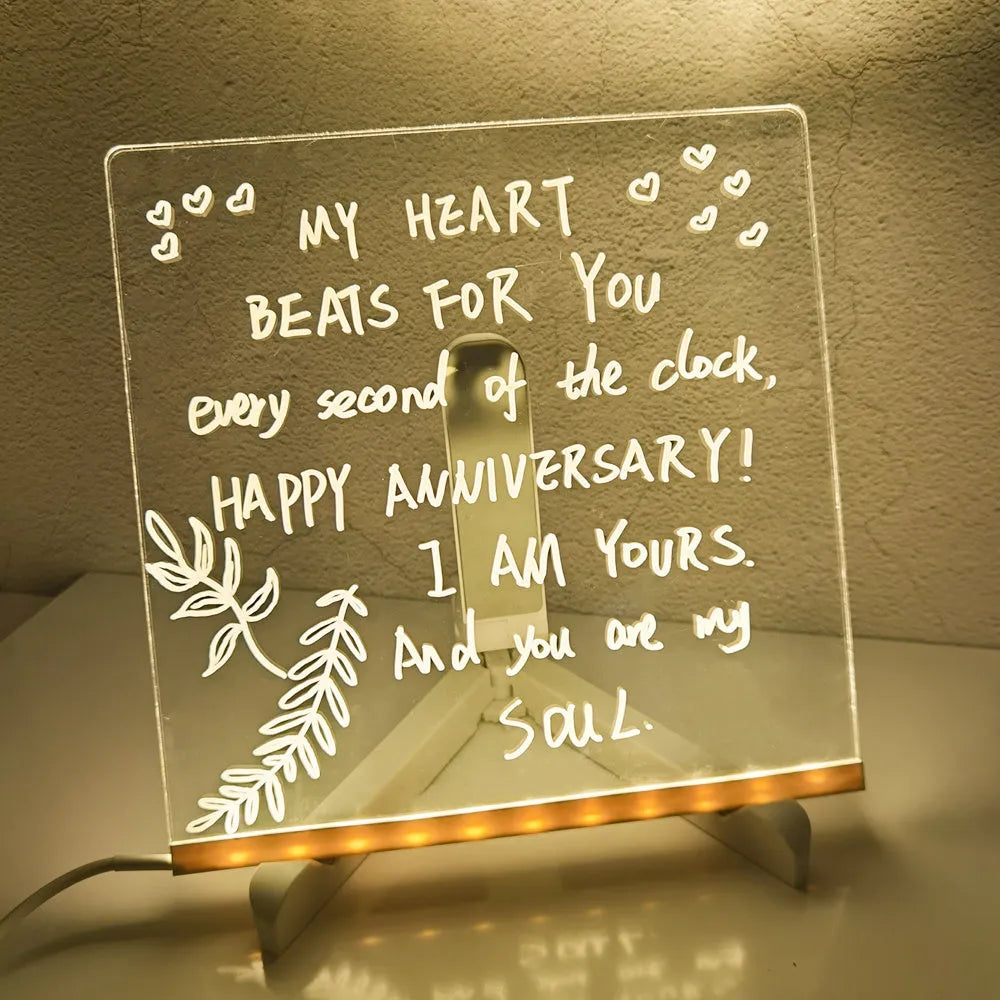 Acrylic DIY message board LED night light with pens on transparent writing panel