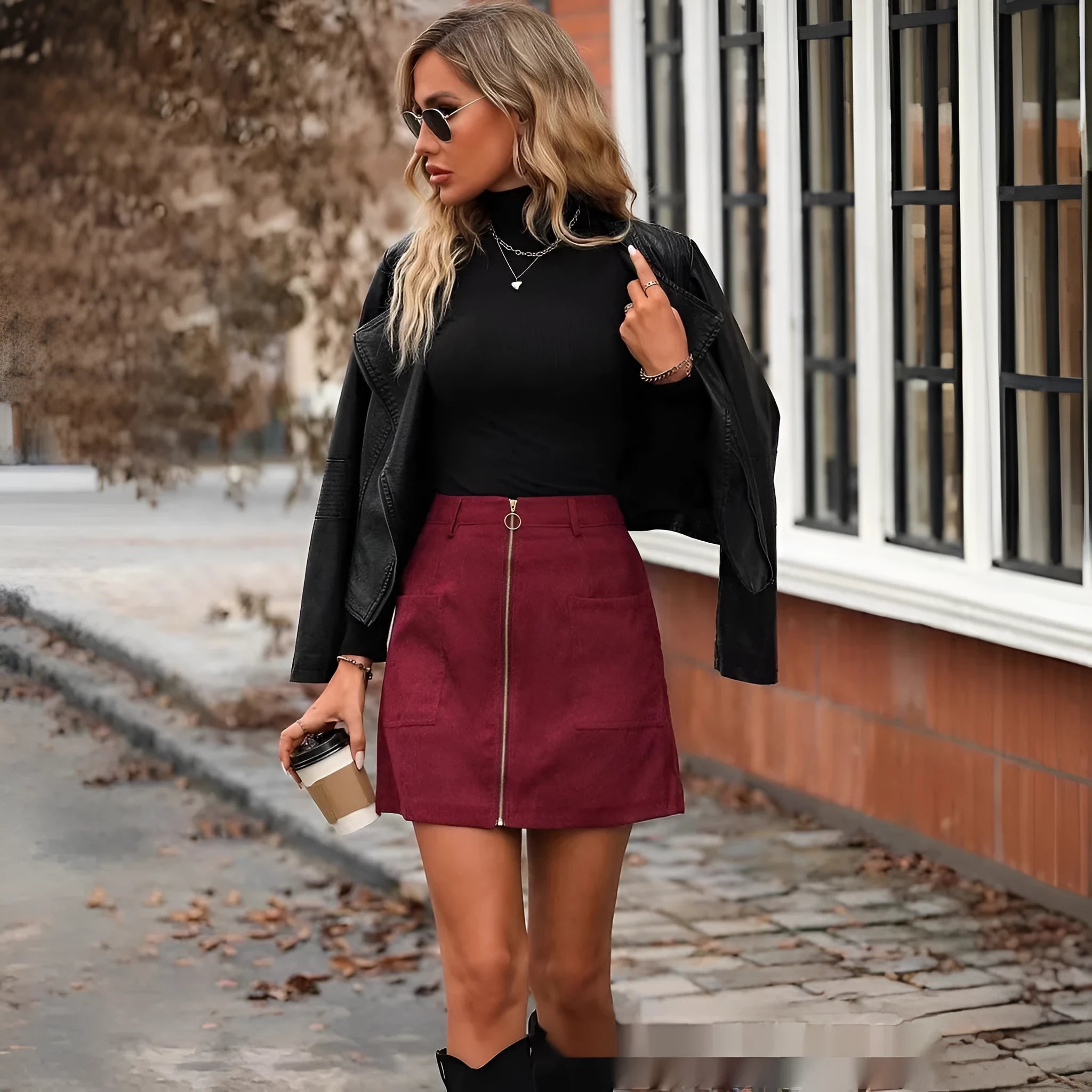 Women's high-waist short polyester skirt with side zipper in black, camel, brick red, or dark green