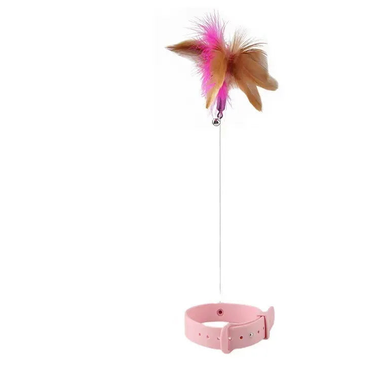 Adjustable collar cat teaser toy with feather and bell attachment in blue or pink colour options