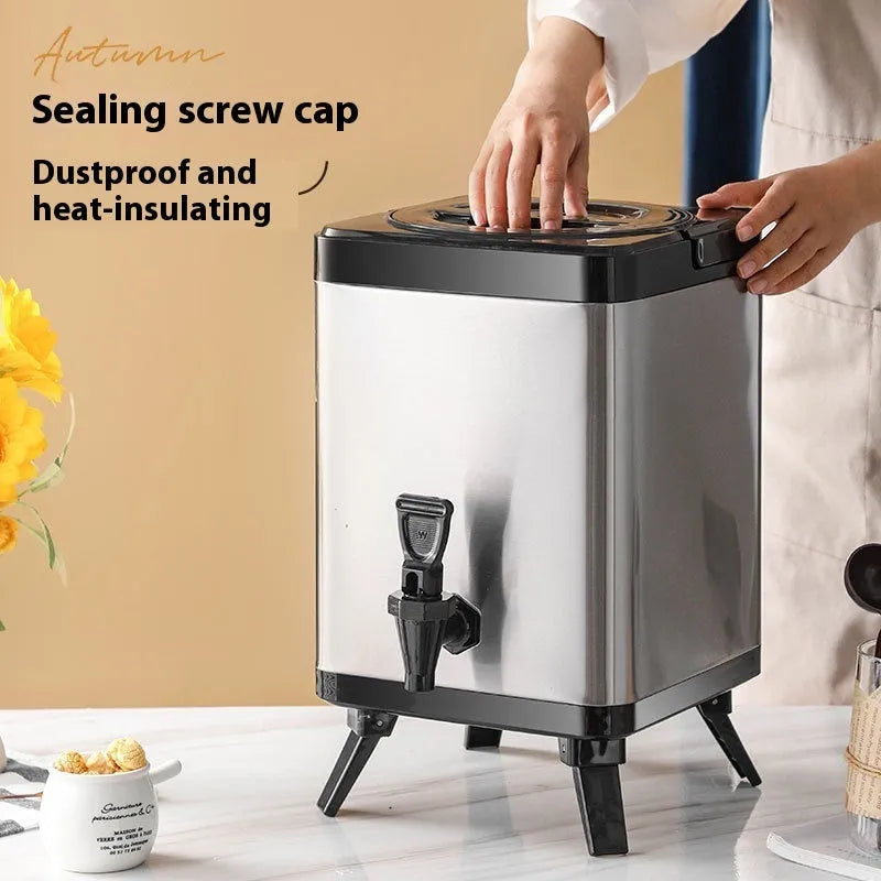 Silver stainless steel milk tea bucket with square lock closure showing 8 litre capacity for commercial beverage storage