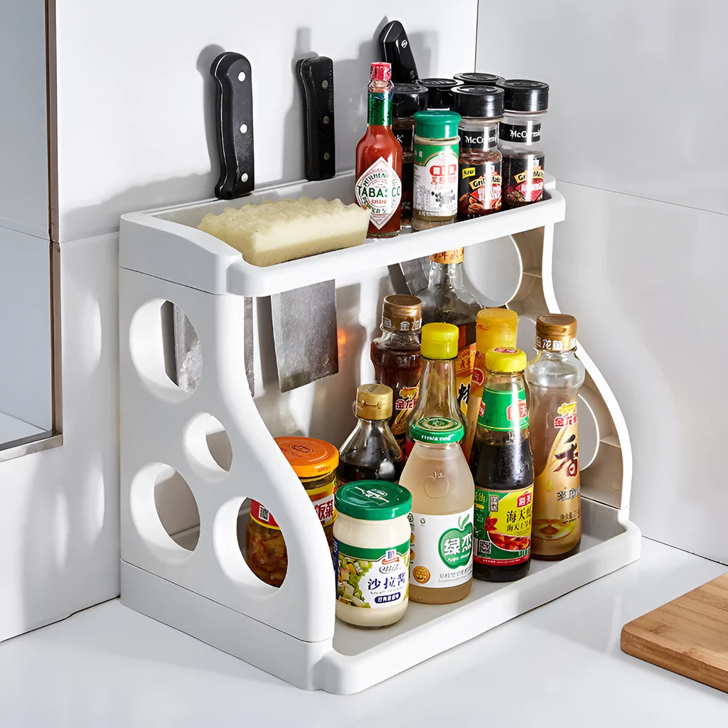 Foldable kitchen storage rack with multi-layer white shelving for organised kitchen supplies