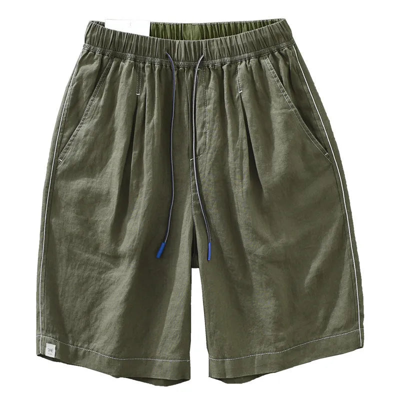 Men's linen shorts in straight drooping style with drawstring waist, shown in green and black colour options