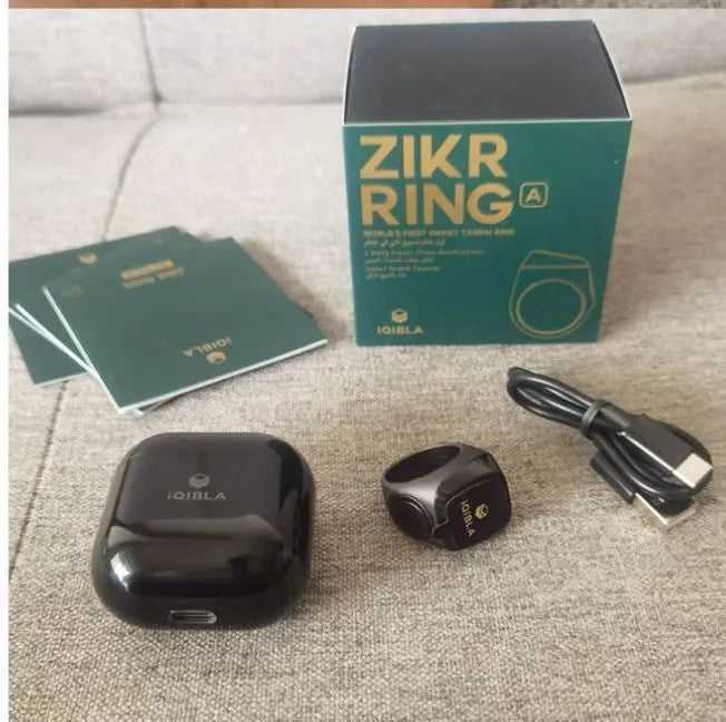 Zikr1 metal smart ring for Tasbih counting with OLED display, shown in silver colour.
