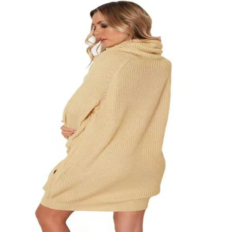 Women's lapel collar pullover sweater with side pockets in loose slimming mid-length fit