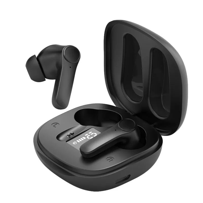 Wireless Bluetooth-compatible translation headphones in black, portable in-ear design with touch control
