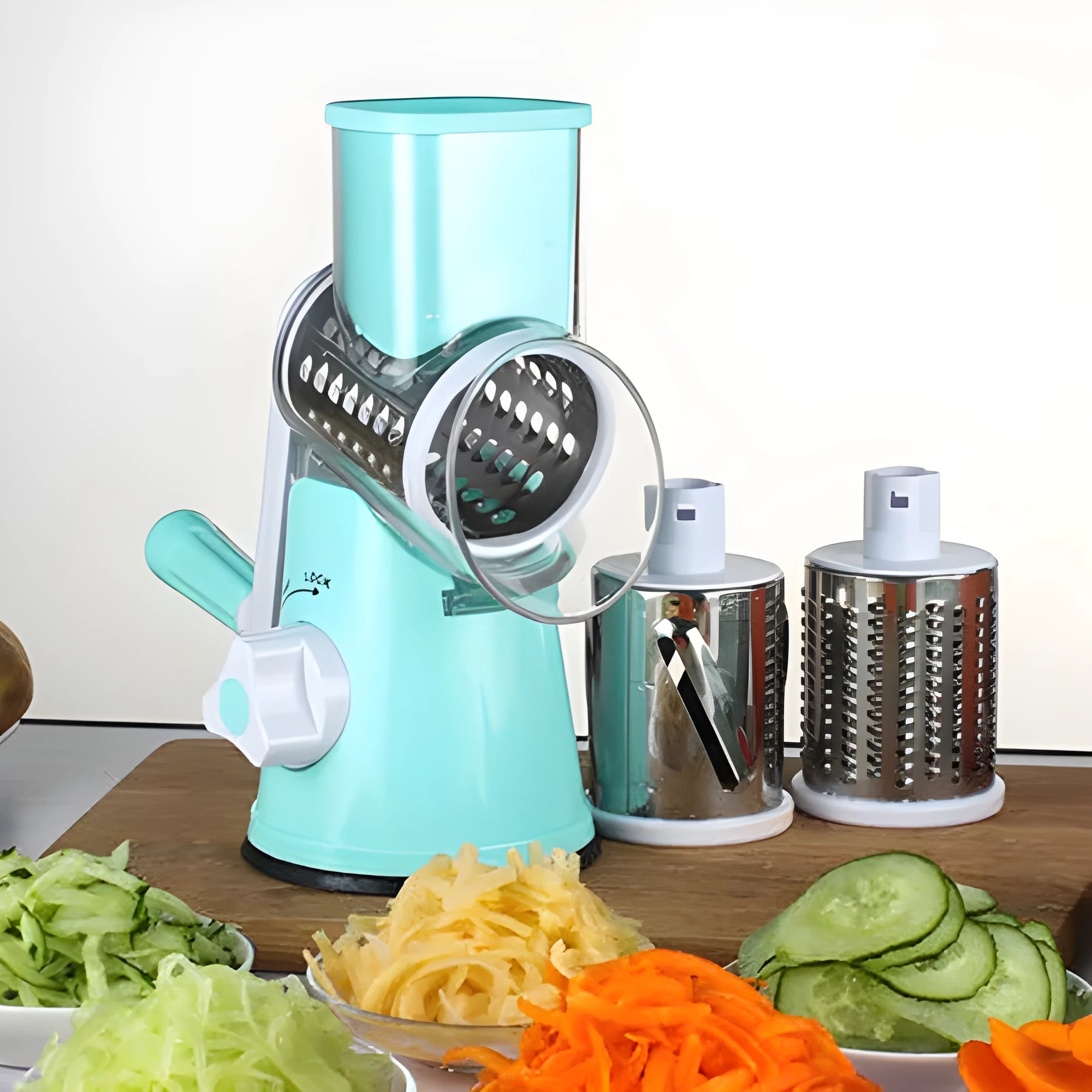 Manual kitchen mandoline slicer with stainless steel blades in blue, green or red colour