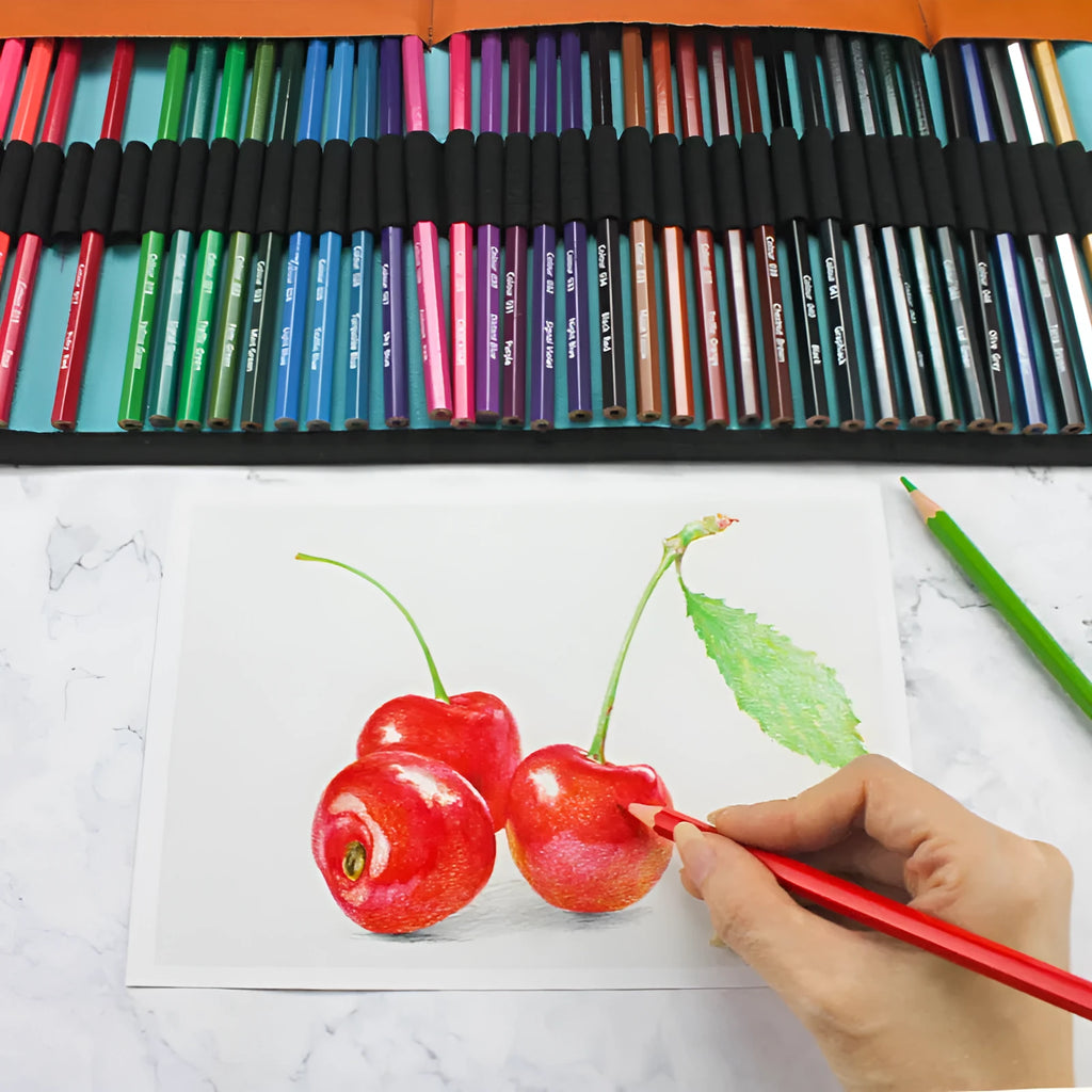 Set of 50 wooden coloured pencils for painting in a basswood storage case, showing vibrant colours.