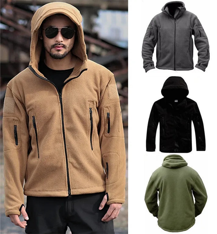 Men's cotton fleece jacket in khaki with full zipper and zip pockets, round hem, Korean style