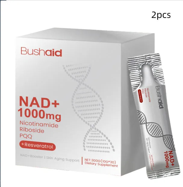 Two pouches of 300g anti-ageing nutritional supplement drink featuring nicotinamide riboside and resveratrol.
