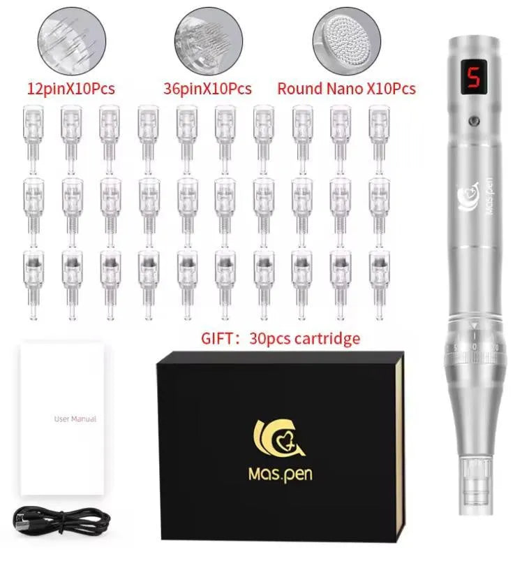 A professional electric microneedle pen device with a silver 30-pin spiral mouth nano needle head.
