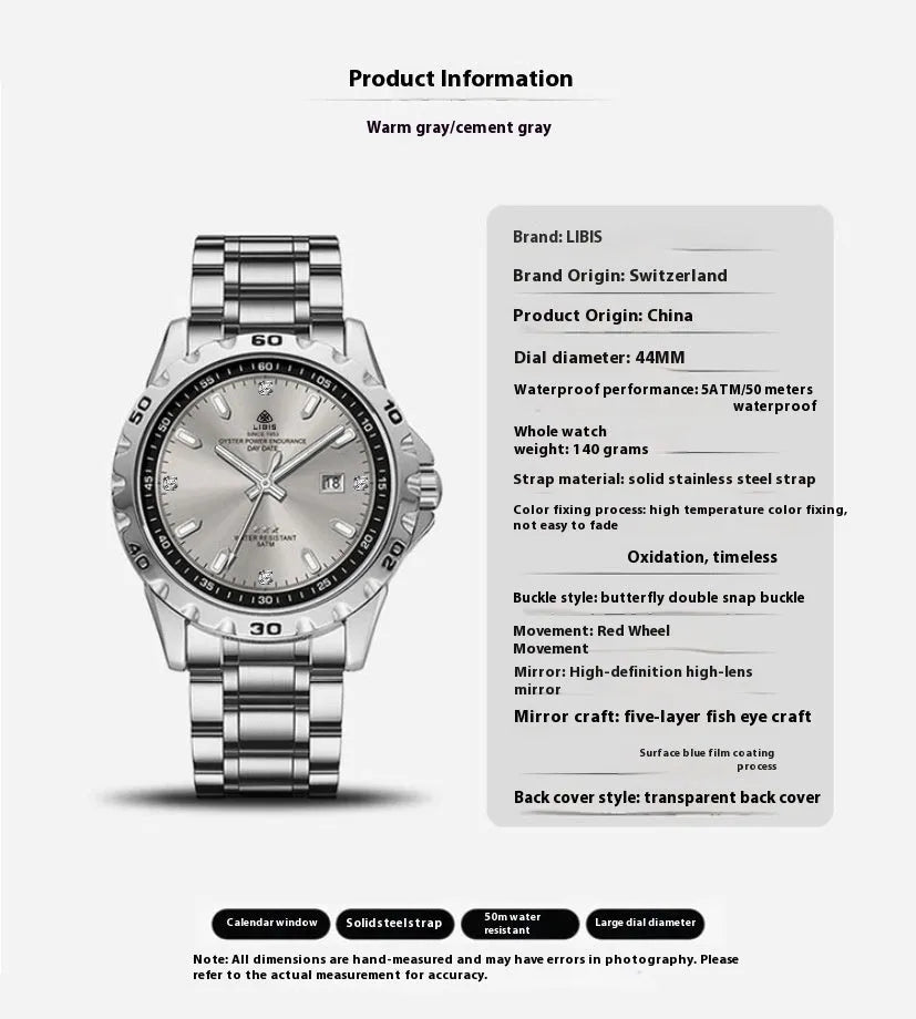 Men's silver quartz watch with luminous hands and stainless steel strap on wrist