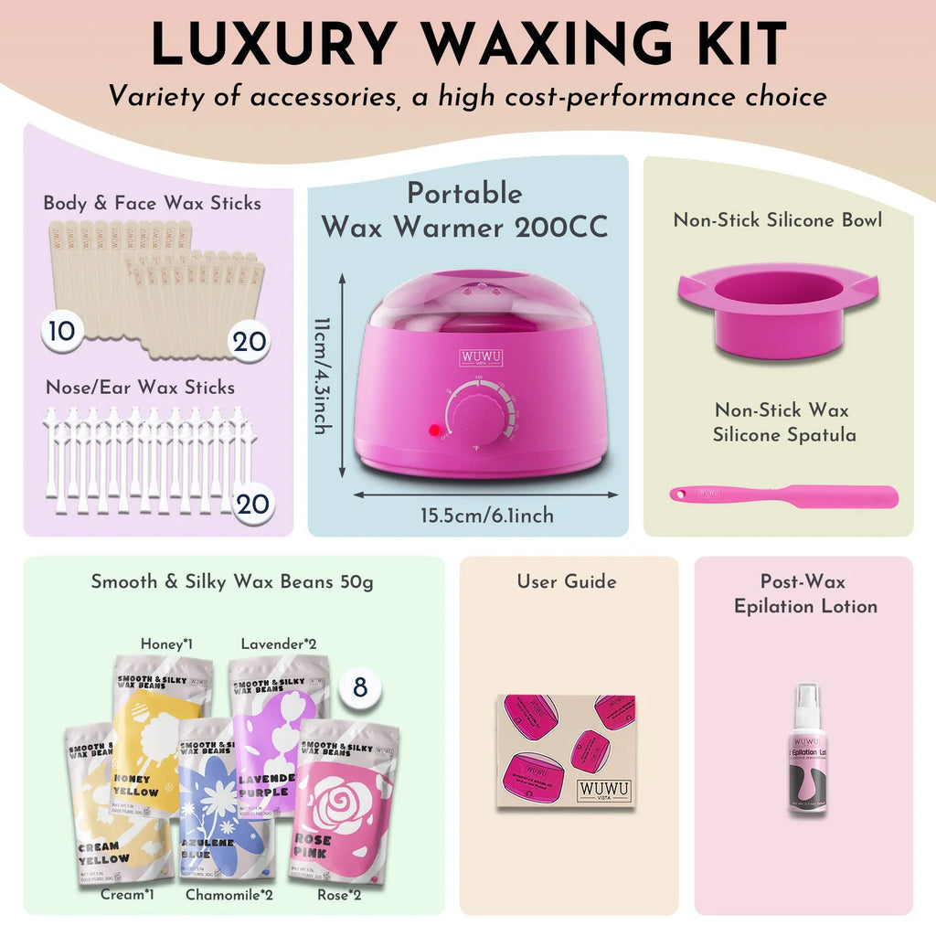 WUWUVISTA 63-piece hard wax hair removal kit with black wax warmer, beads, lotion, and tools