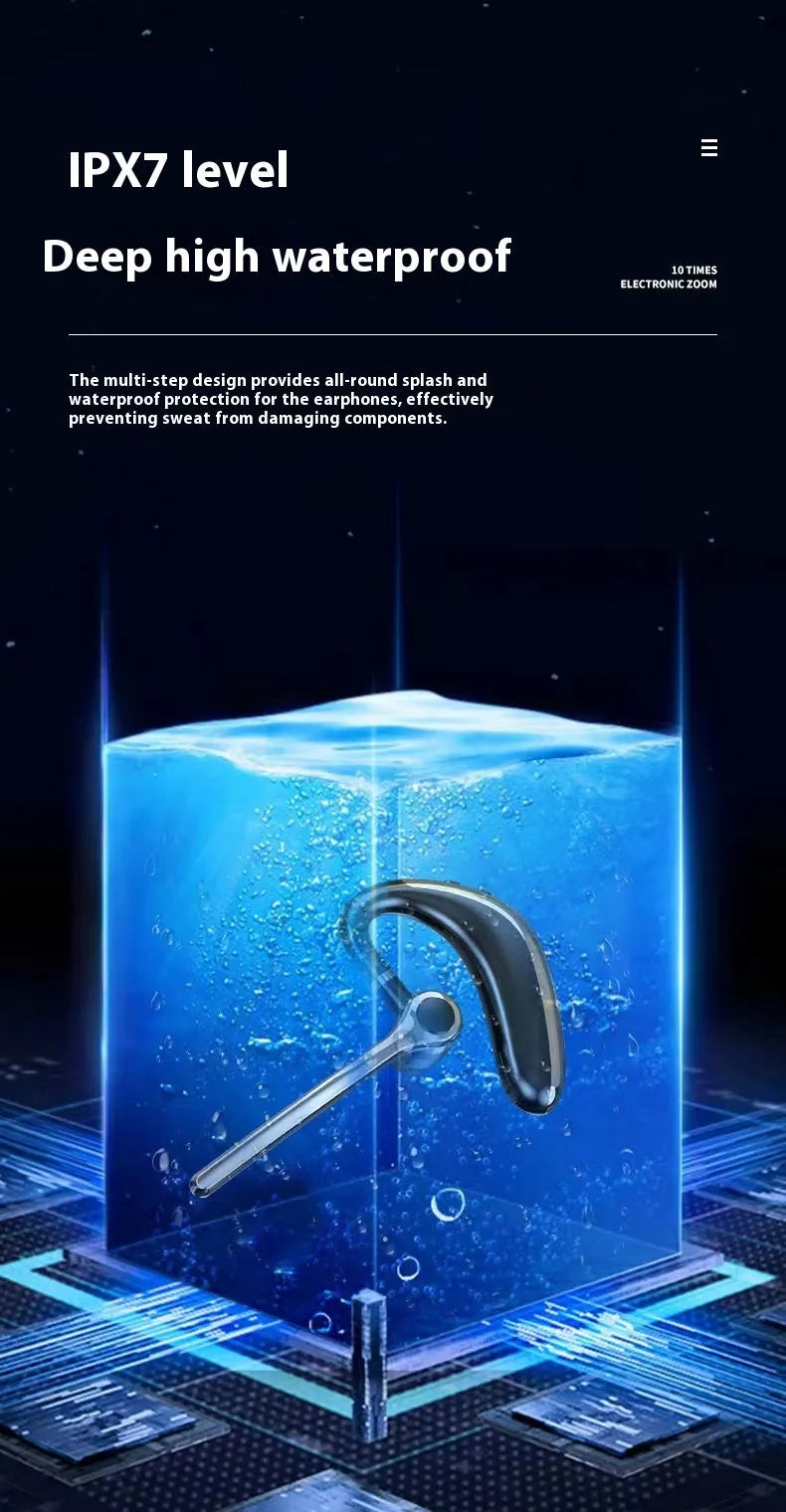 Wireless Bluetooth single-ear headset with digital display, ear-mounted design in black or white