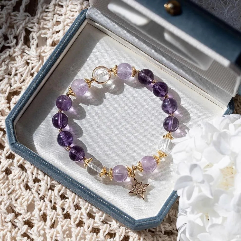 Purple Eight Awn Star amethyst bracelet in Matcha Green gift box, handmade women's jewellery