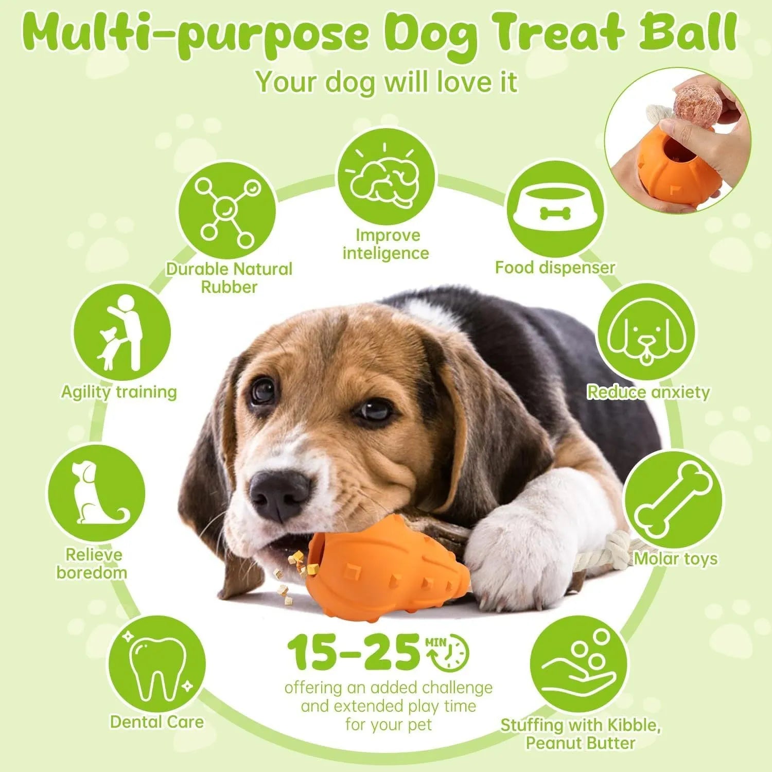 Natural rubber stuffable dog chew and fetch toy with longer strap for small medium breed dogs