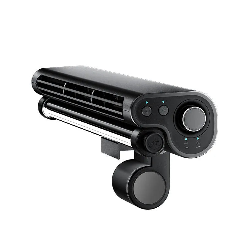 Black USB-powered bladeless fan with a clip, mounted on a laptop screen, showing its integrated light.