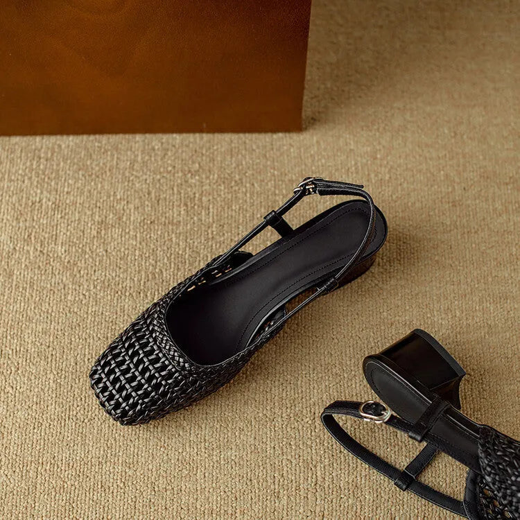 Women's woven hollow-out closed toe sandals with chunky 4cm heel and belt buckle fastening in black