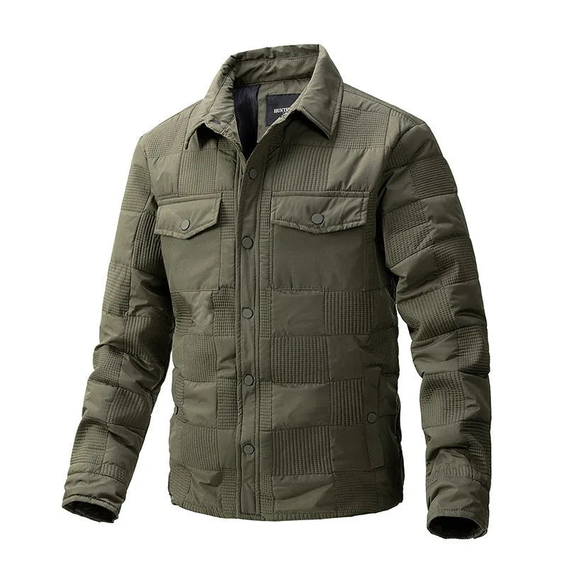 Men's quilted jacket with a polo collar in army green, showing the knitted texture and front zip
