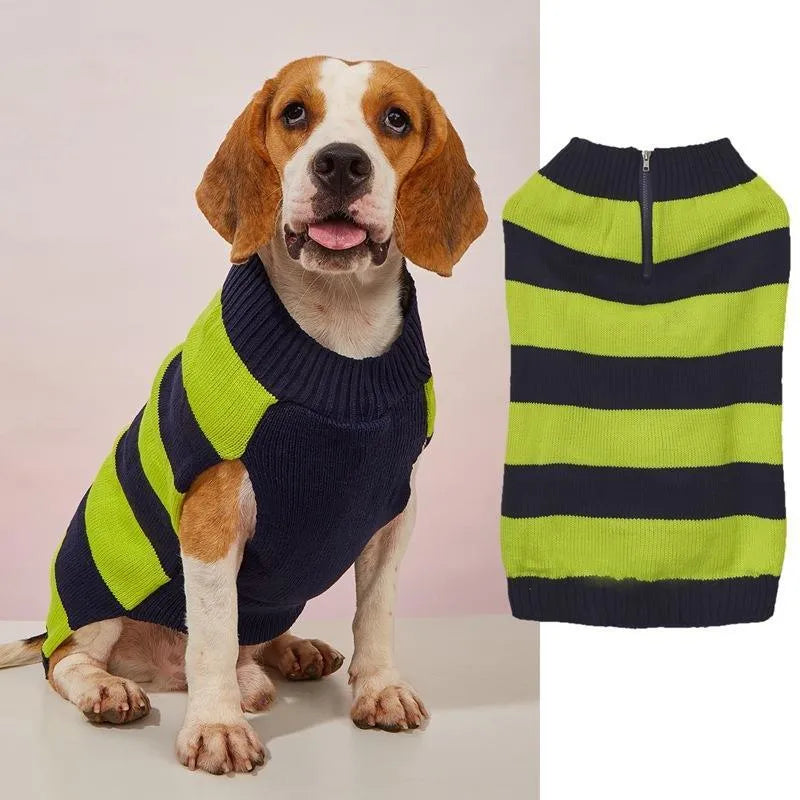 Grey acrylic dog jumper with a horizontal front zip and a green button pocket on a small dog.