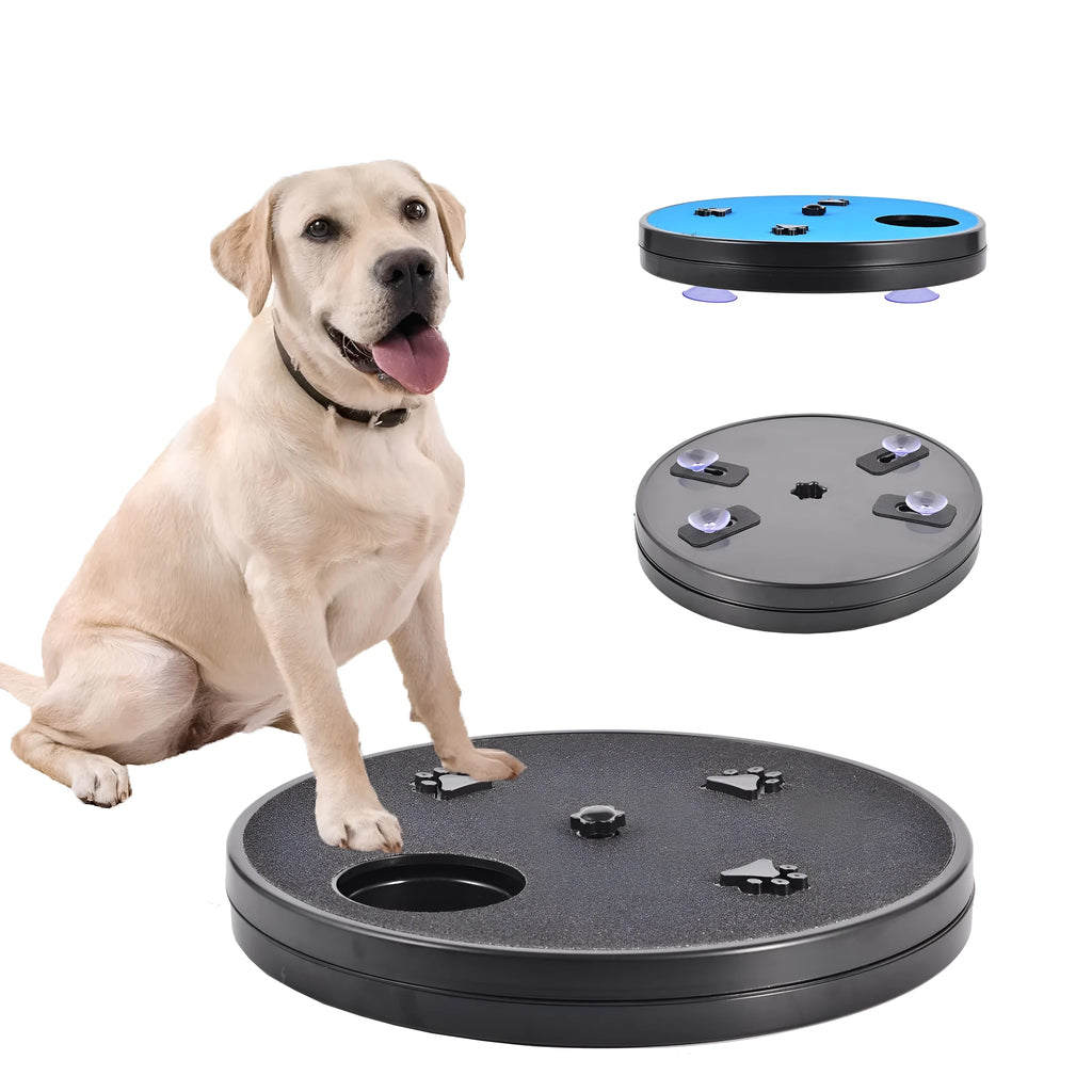Rotatable dog nail file board with slow feeder compartments and suction cup base in choice of colours