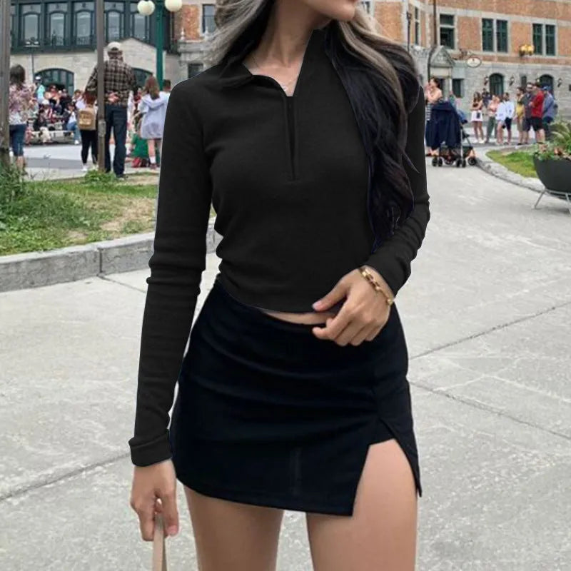 Women's solid colour zipper crop slim fit top in black, long sleeves, front zipper