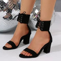 Women's black high heel strap sandals with front lace-up and open toe, rubber sole