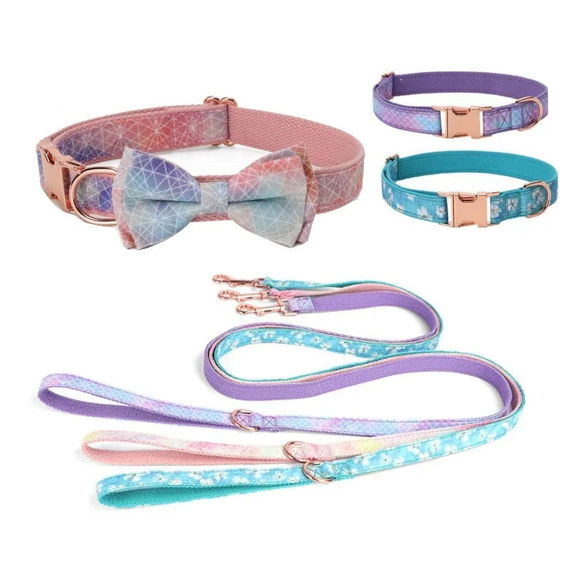 Pet collar with rose gold buckle and removable bow on polyester strap