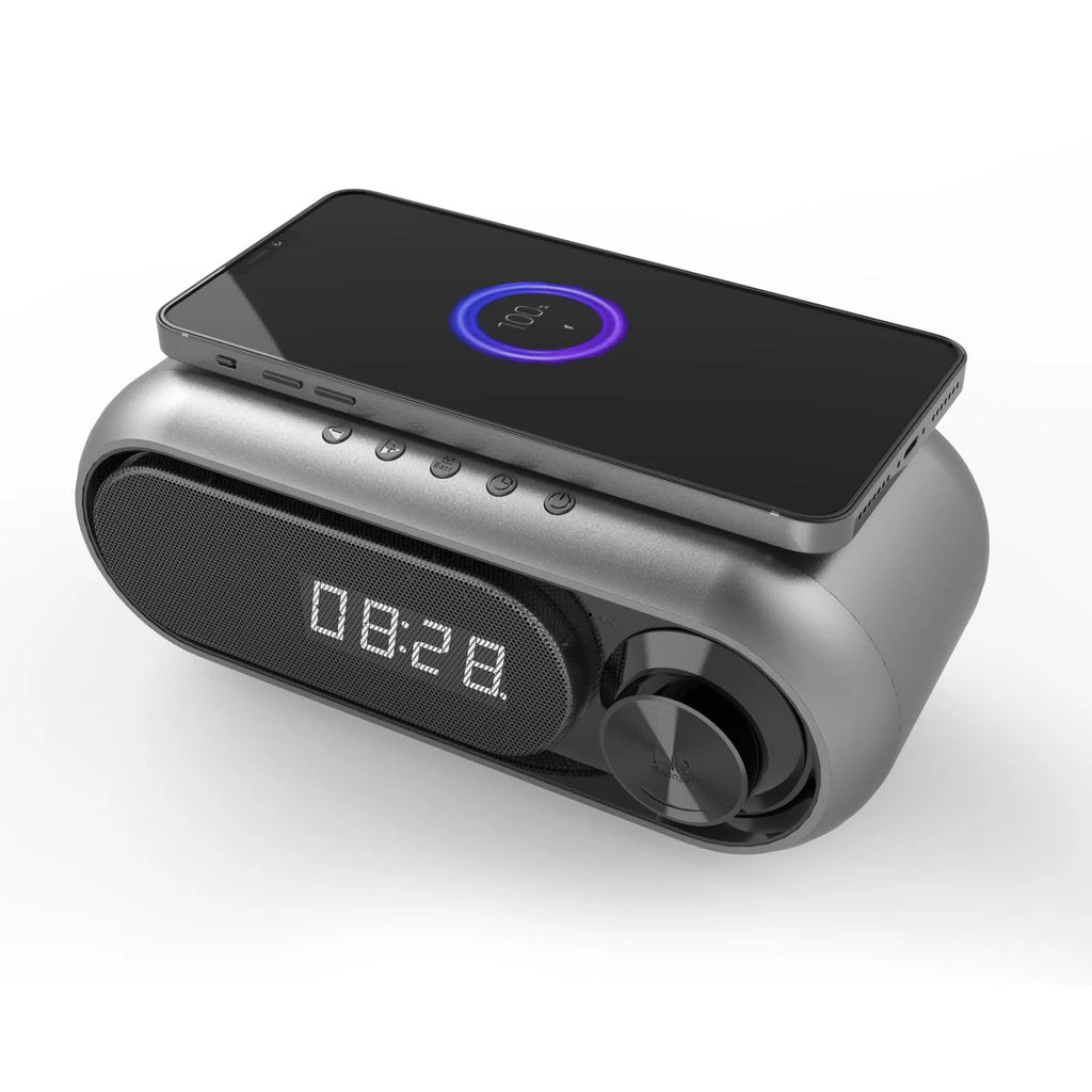 Bedside wireless charging alarm clock with Bluetooth audio and LED display in space grey