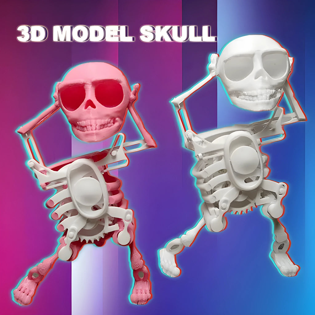 3D printed dancing skeleton gravity toy in pink and white, 22cm tall, on a desk