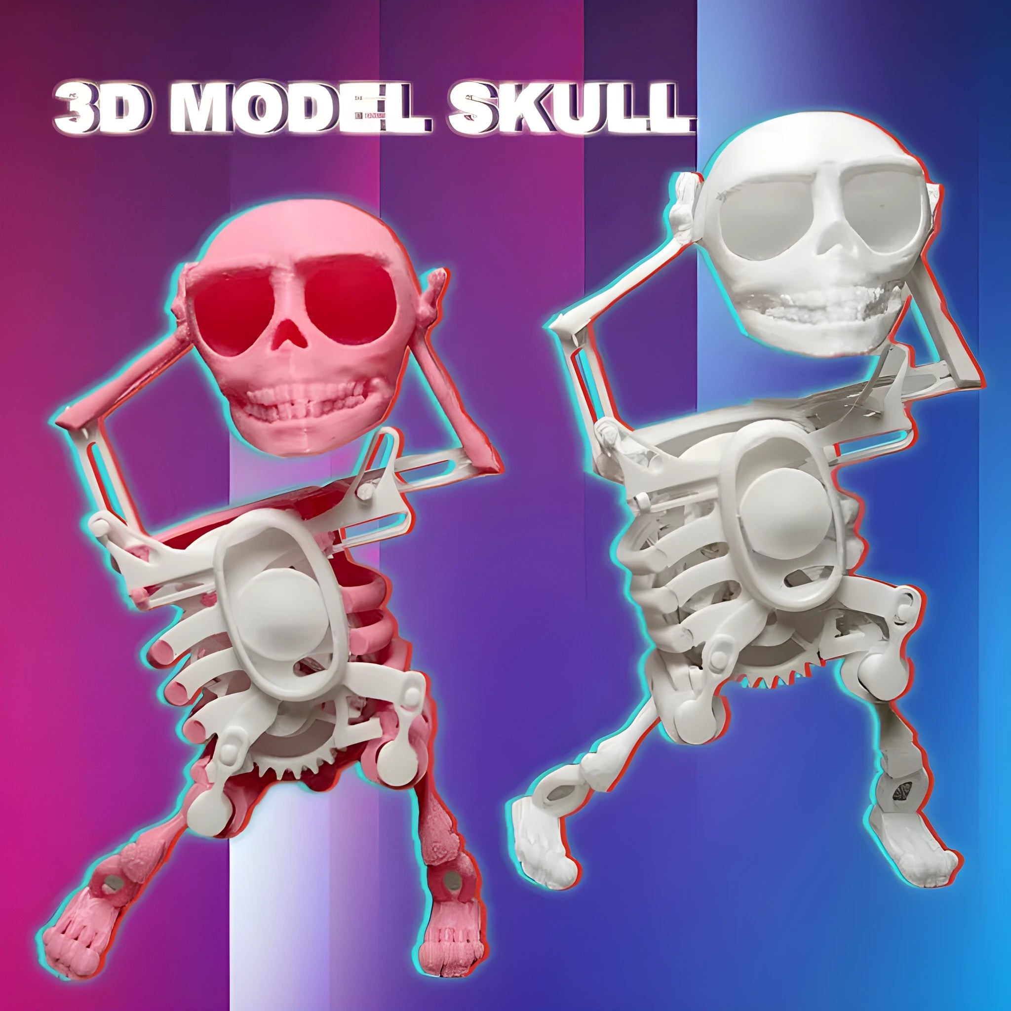 3D printed dancing skeleton gravity toy in pink and white, 22cm tall, on a desk
