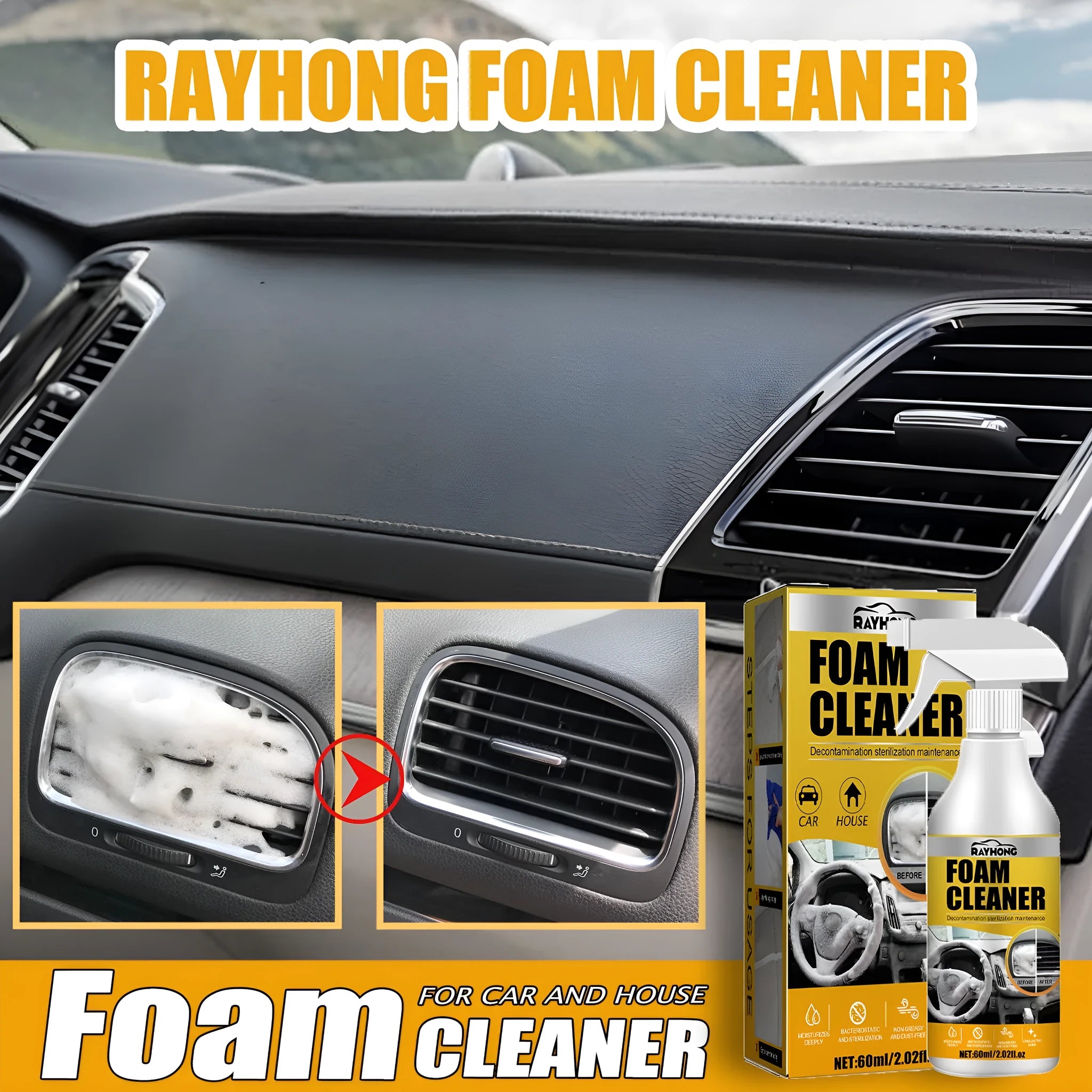 Car interior foamed cleaner kit with 60ml bottle and 10cm sponge for wash-free cleaning