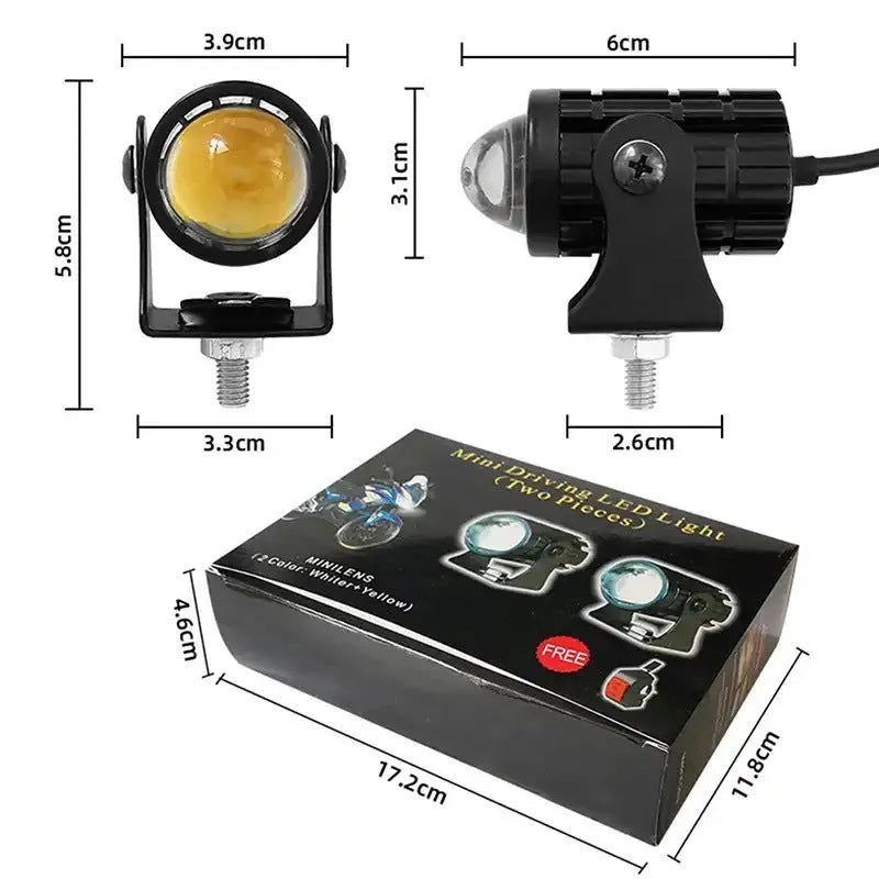 Aluminium motorcycle spotlight with dual-colour lens for 12-80V electric vehicles, showing IP68 waterproof rating.