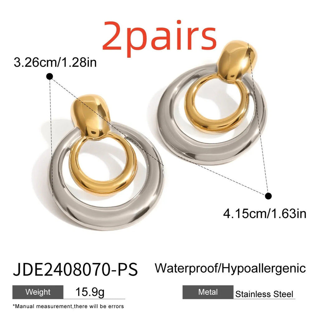 Round golden hollow stud earrings with double layer construction and 18K gold plating