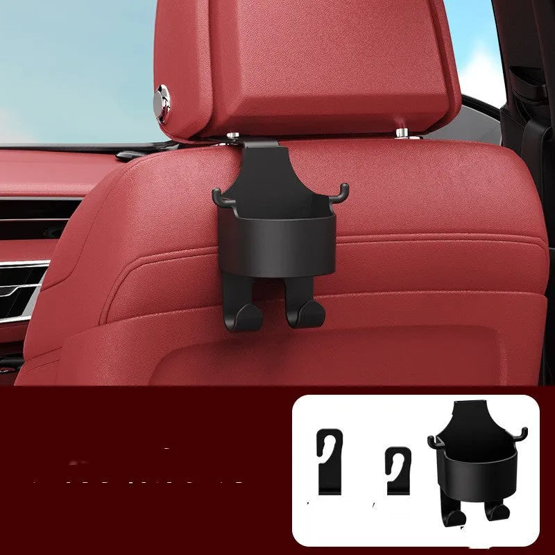 Black plastic car seat back organiser with cup holder and storage hooks