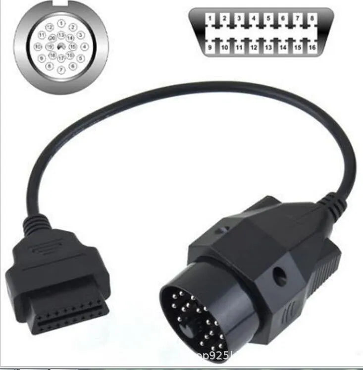 OBD2 adapter cable with a BMW 20-pin connector and a standard 16-pin OBD2 socket