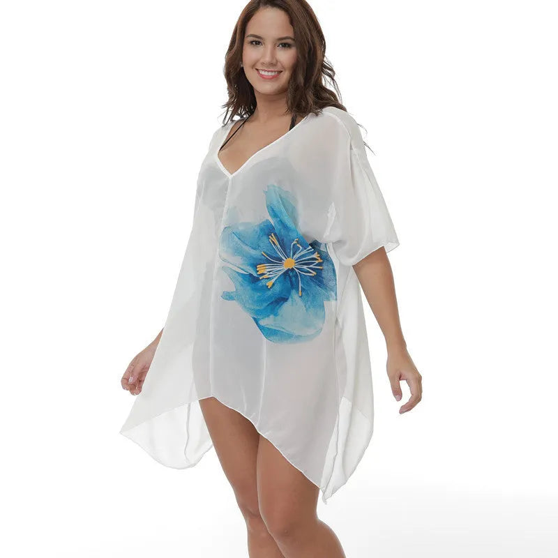White plus size beach cover-up blouse loose fit for swimming and sun protection