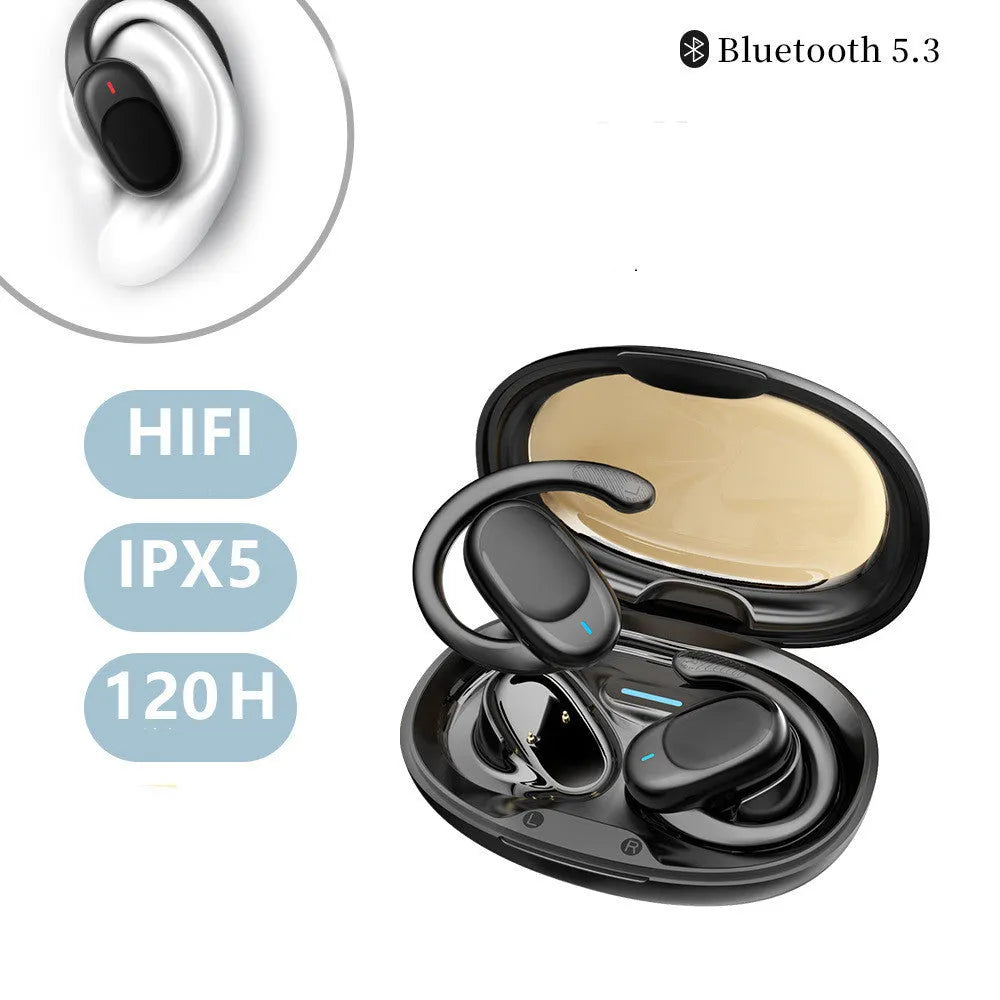 Non in-ear air conduction Bluetooth headset in black with breathing light, rotatable JM05 model on white background