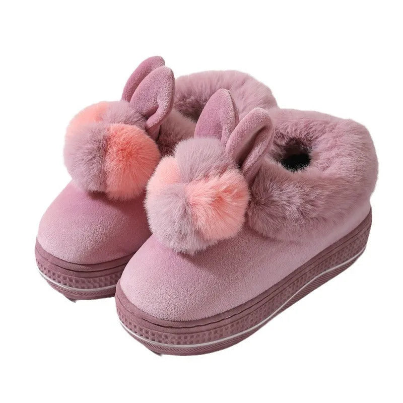 Women's winter high heel cotton slippers in black with thick sole and plush upper