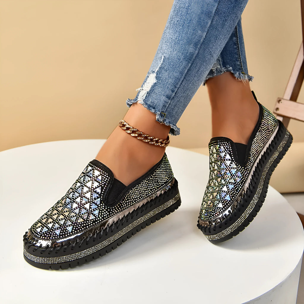 Casual sneakers for women with suede leather upper, thick bottom, and rhinestone decoration in beige